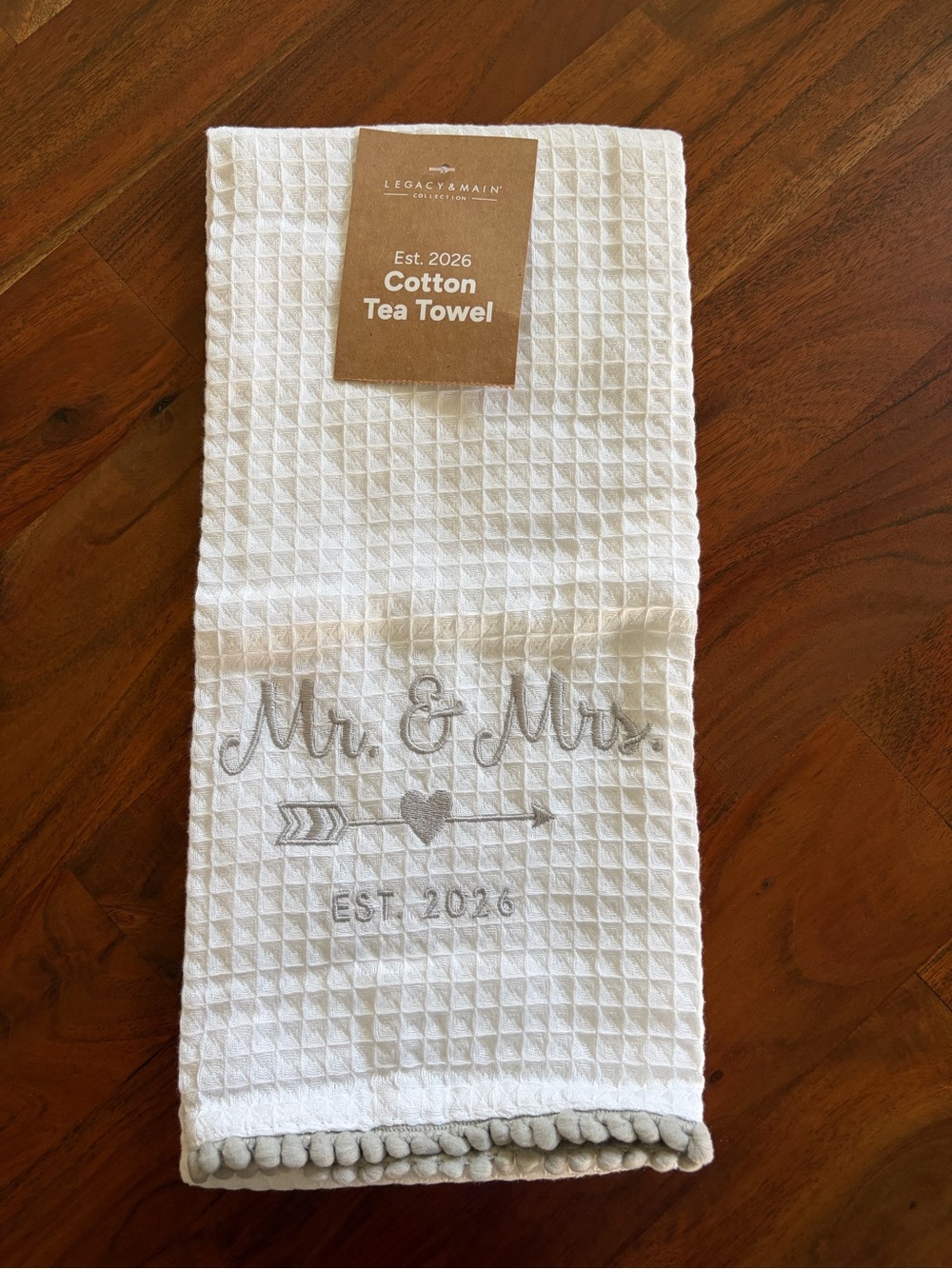 Mr. & Mrs. Embroidered Cotton Tea Towel - White